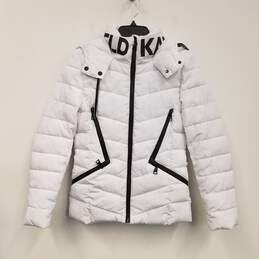 Womens White Quilted Long Sleeve Hooded Full Zip Puffer Jacket Size XS