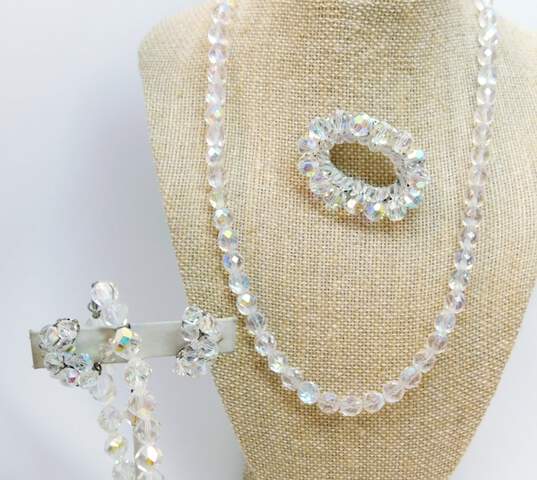Vintage Aurora Borealis Necklace Bracelet Statement Brooch & Clip On Earrings 87.9g image number 1