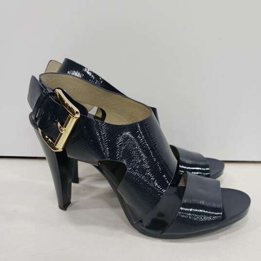 Womens Dark Blue Patent Leather Buckle Open Toe Cone Strappy Heels Size 8.5 M image number 2