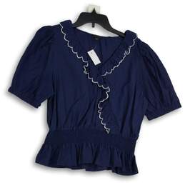 NWT Ann Taylor Womens Navy White Ruffle Neck Smocked Waist Pullover Blouse Top L