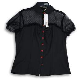 NWT Belle Poque Womens Black Polka Dot Sheer Short Sleeve Pullover Blouse Top XL