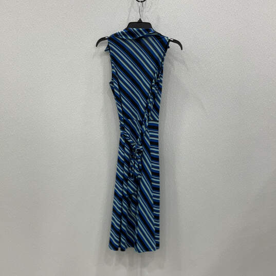 Womens Blue Black Striped Sleeveless Collared Tie Waist Wrap Dress Size XS image number 2