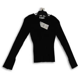NWT Womens Black Ribbed Long Sleeve Split Neck Pullover Blouse Top Size S
