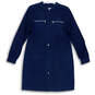 Womens Blue Crew Neck Zipped Pockets Button Front Casual Shirt Dress Size 6 image number 1