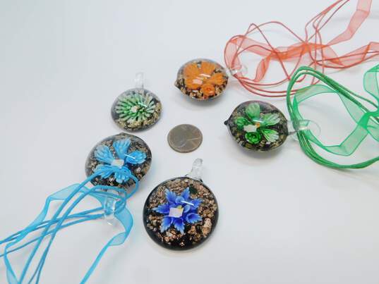 Artisan Blue Orange Green & Dichroic Glitter Art Glass Flower Pendants & Ribbon Necklaces Variety 107.6g image number 4