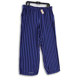NWT Womens Blue Striped Elastic Waist Wide Leg Cropped Pants Size L Petite