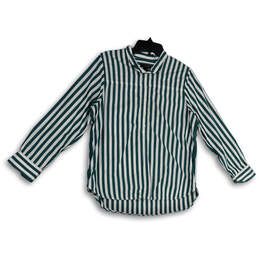 Womens Green White Striped Long Sleeve Button Collared Blouse Top Size 4