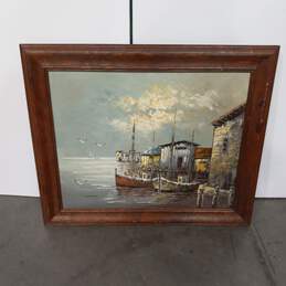 Signed Framed Dockside Landscape Painting