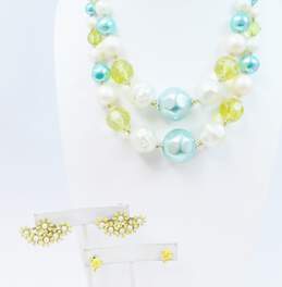 Vintage Yellow Blue & Faux Pearl Double Strand Necklace & Flower Clip-On Earrings 74.6g