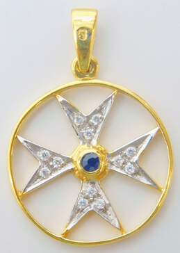 18K White & Yellow Gold Sapphire & Clear Cubic Zirconia Accented Maltese Cross Pendant 3.1g