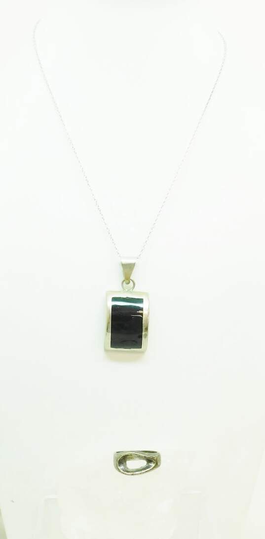 Taxco & Mexican Modernist 925 Sterling Silver Onyx Inlay Pendant Necklace & Cut Out Ring 14.8g image number 1