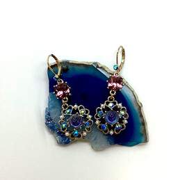 Designer Betsey Johnson Carved Flower Medallion & Crystal Gem Drop Earrings
