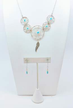 Southwestern Artisan 925 Sterling Silver Turquoise Drop Earrings & Dreamcatcher Pendant Necklace 10.3g