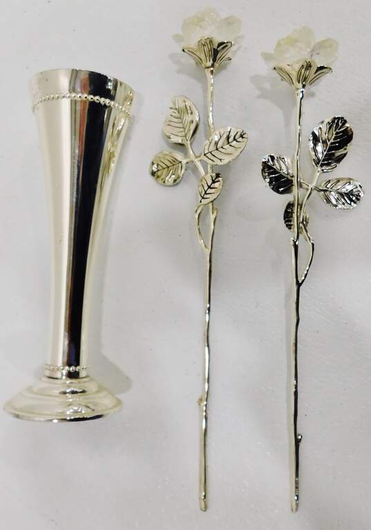 Pair of Godinger Crystal Petal Silverplate Roses w/ Trumpet Vase image number 1