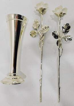 Pair of Godinger Crystal Petal Silverplate Roses w/ Trumpet Vase