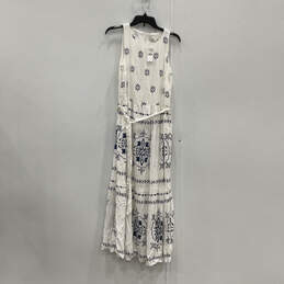 NWT Womens White Blue Floral Print Round Neck Sleeveless A-Line Dress Sz S