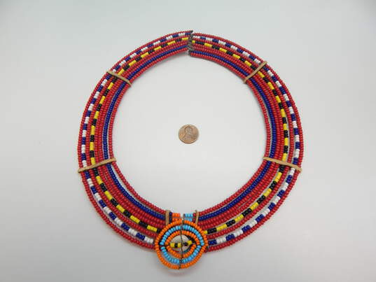 Artisan African Maasai Red Blue Yellow Black White Bead Small Collar Necklace image number 2