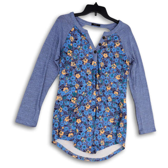 Womens Blue Floral Raglan Sleeve Henley Neck T-Shirt Size Small image number 1