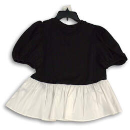 NWT Womens Black White Pleated Puff Sleeve Peplum Hem Blouse Top Size M alternative image