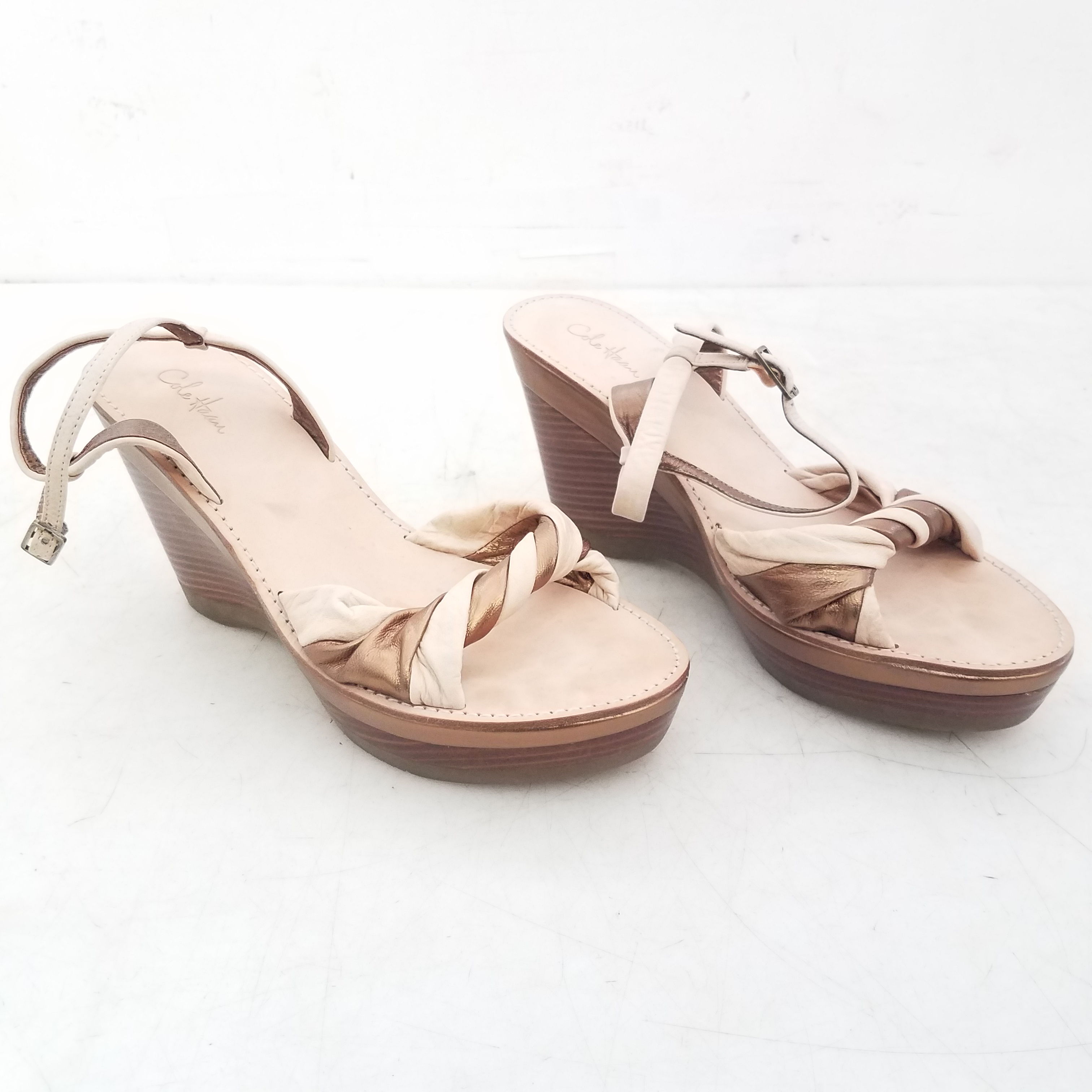 Buy the Beige Copper Leather Platform Wedge Sandals Sz 9B | GoodwillFinds