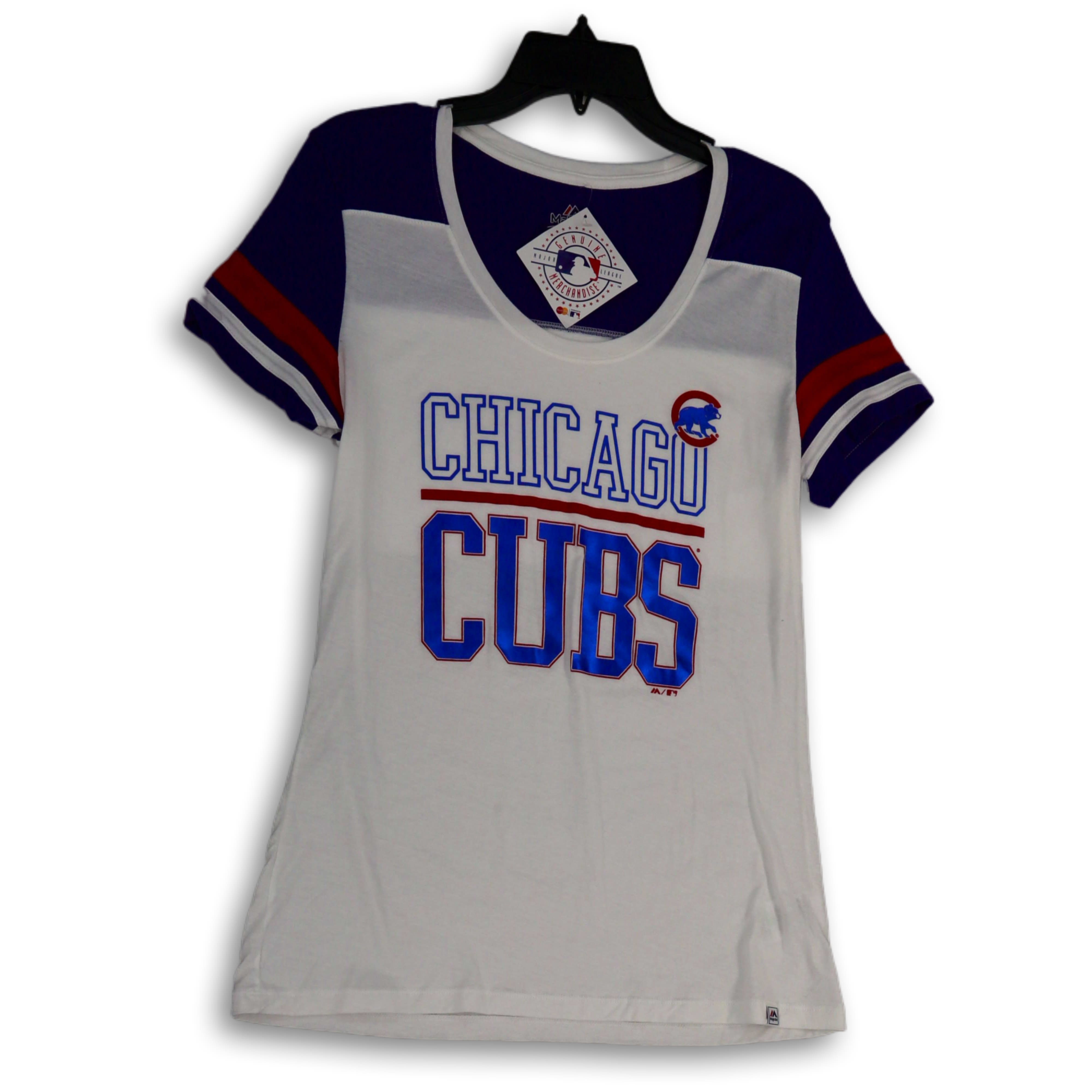 Buy the NWT Womens Blue White Chicago Cubs Short Sleeve Pullover T-Shirt  Size M