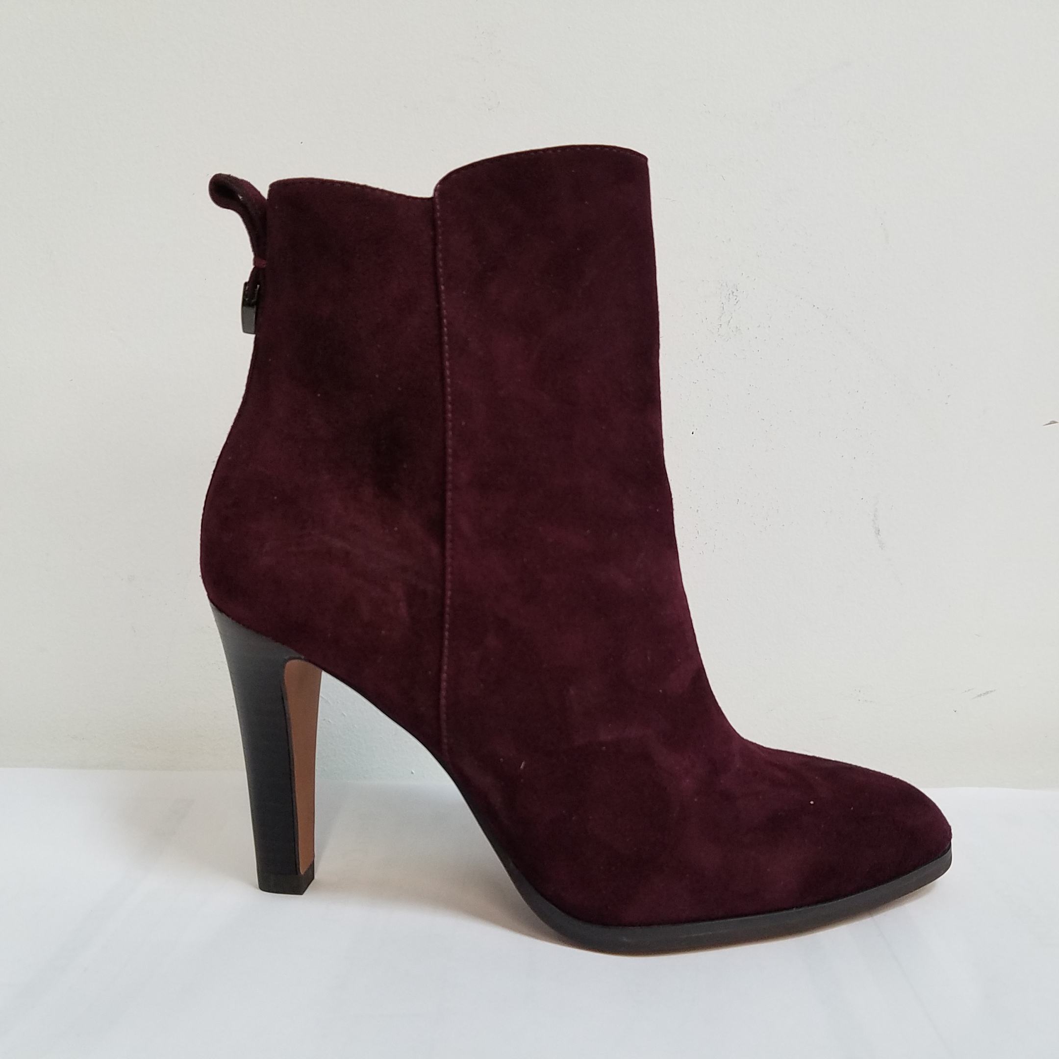 Buy the Coach Jemma Ankle Boot Ox Blood Suede Boot Stacked Heel Side ...