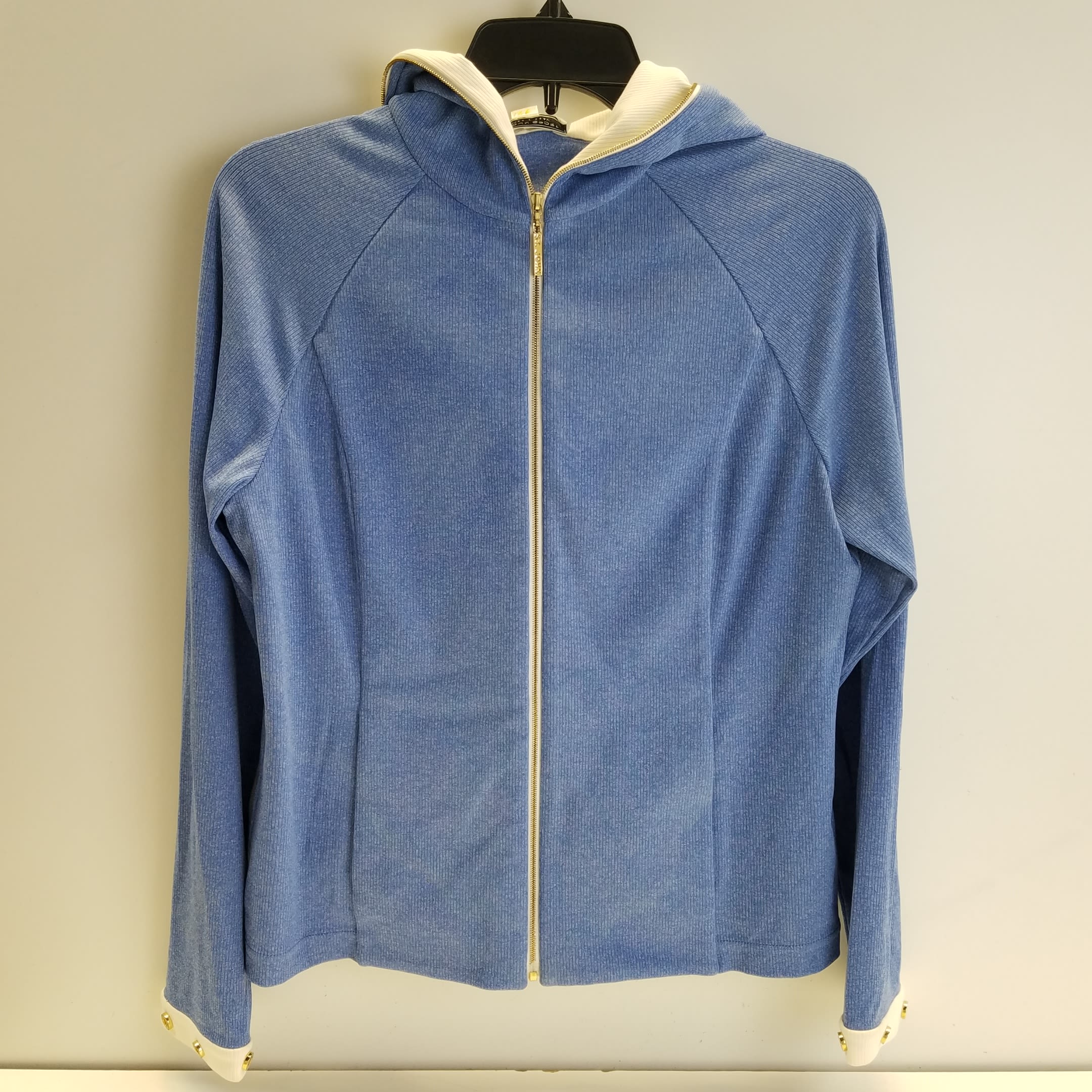 Buy the Vintage Womens Blue Long Sleeve Hooded Full Zip Sweater With ...