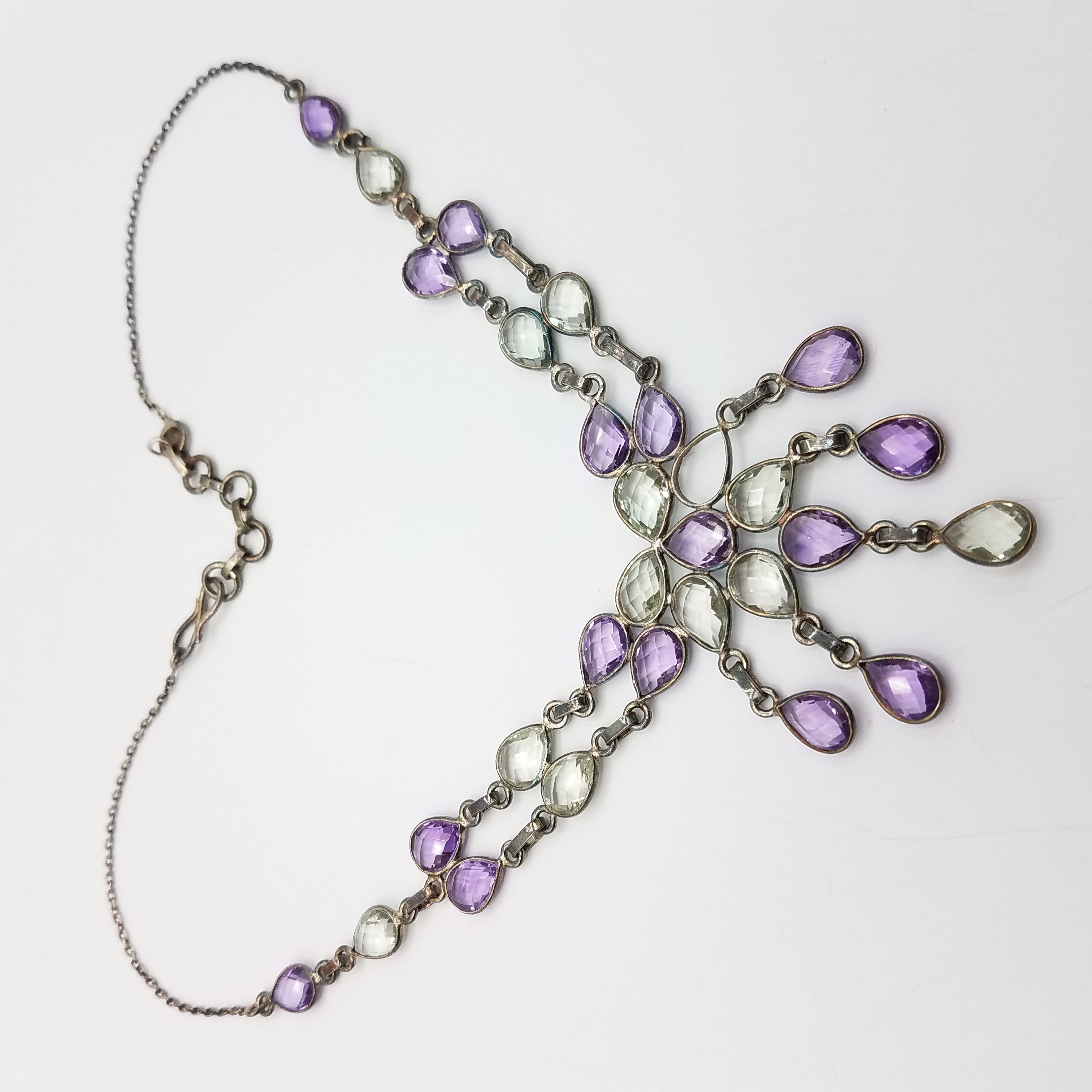 Buy the 925 Silver Faceted Prasiolite & Amethyst Statement Necklace 18in |  GoodwillFinds