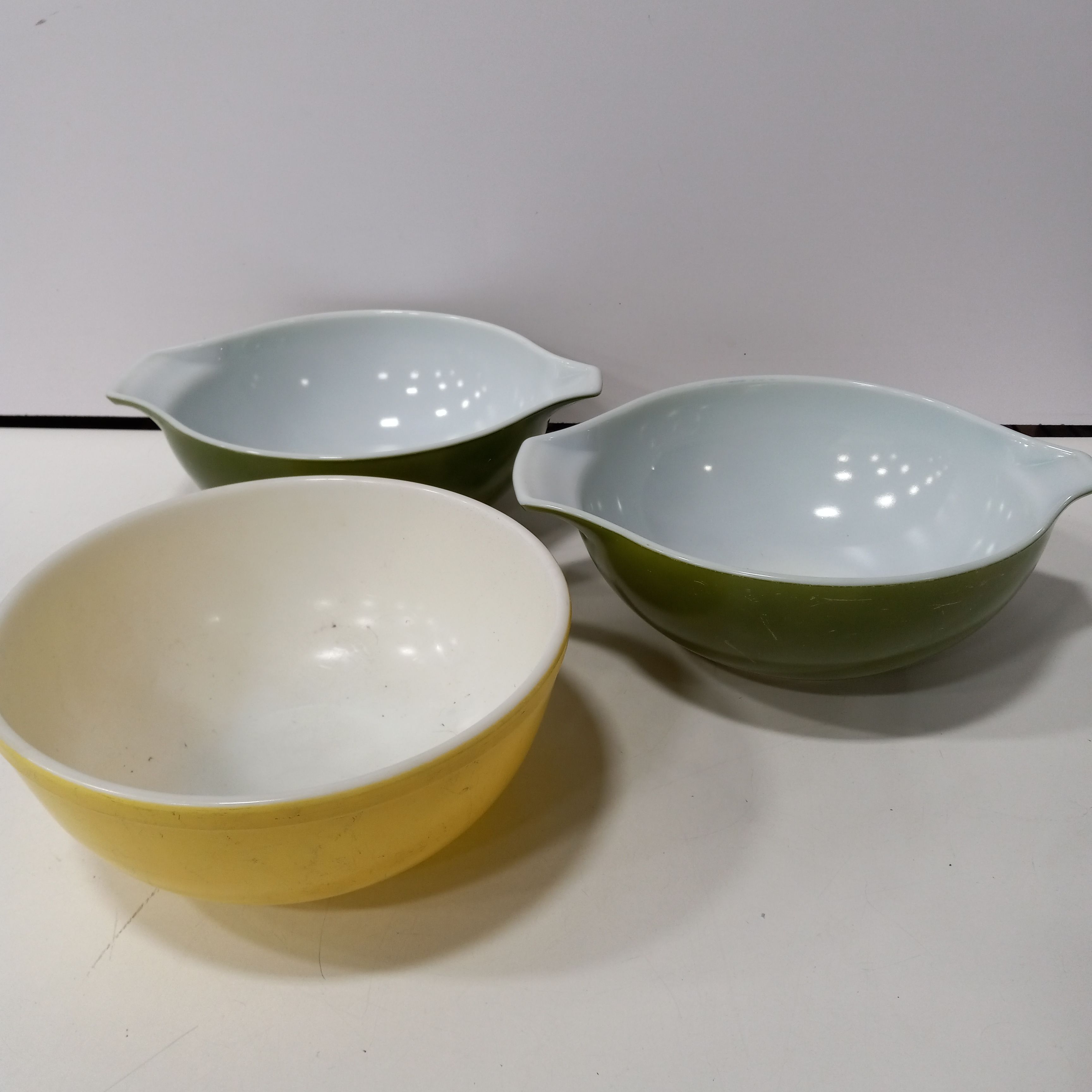 Buy the 3pc. Lot of Multi-Color Milk Glass Pyrex Mixing Bowls