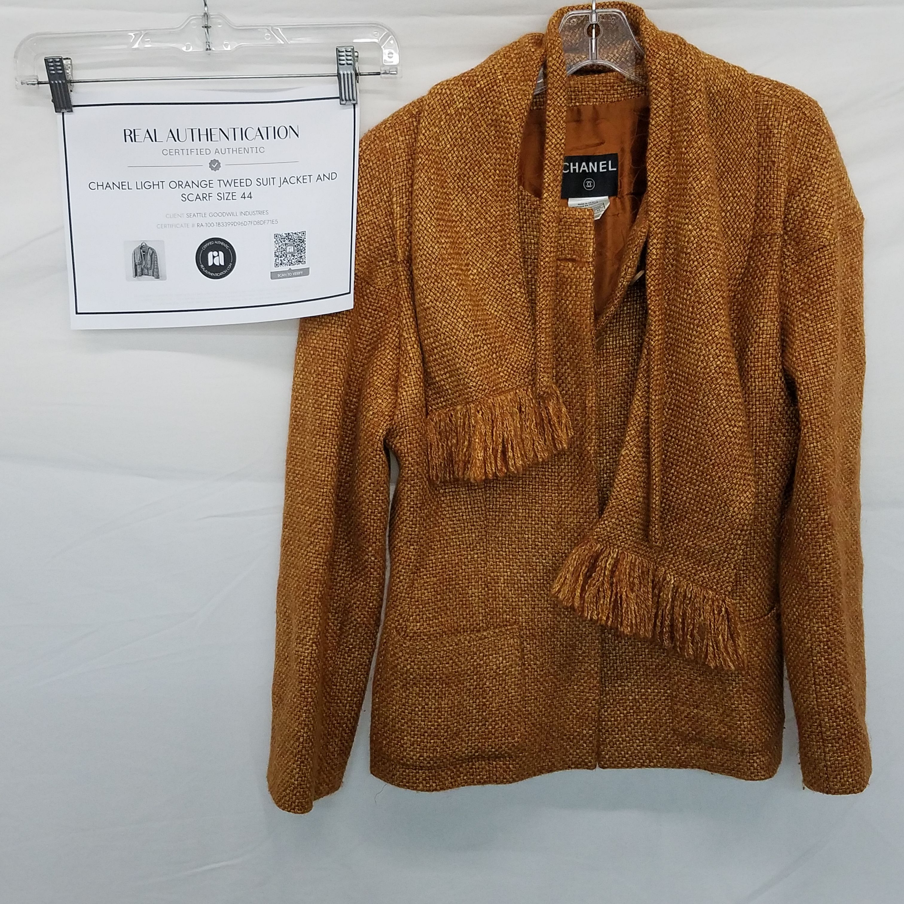 Buy the AUTHENTICATED Chanel Light Orange Tweed Suit Jacket and Scarf Size  44
