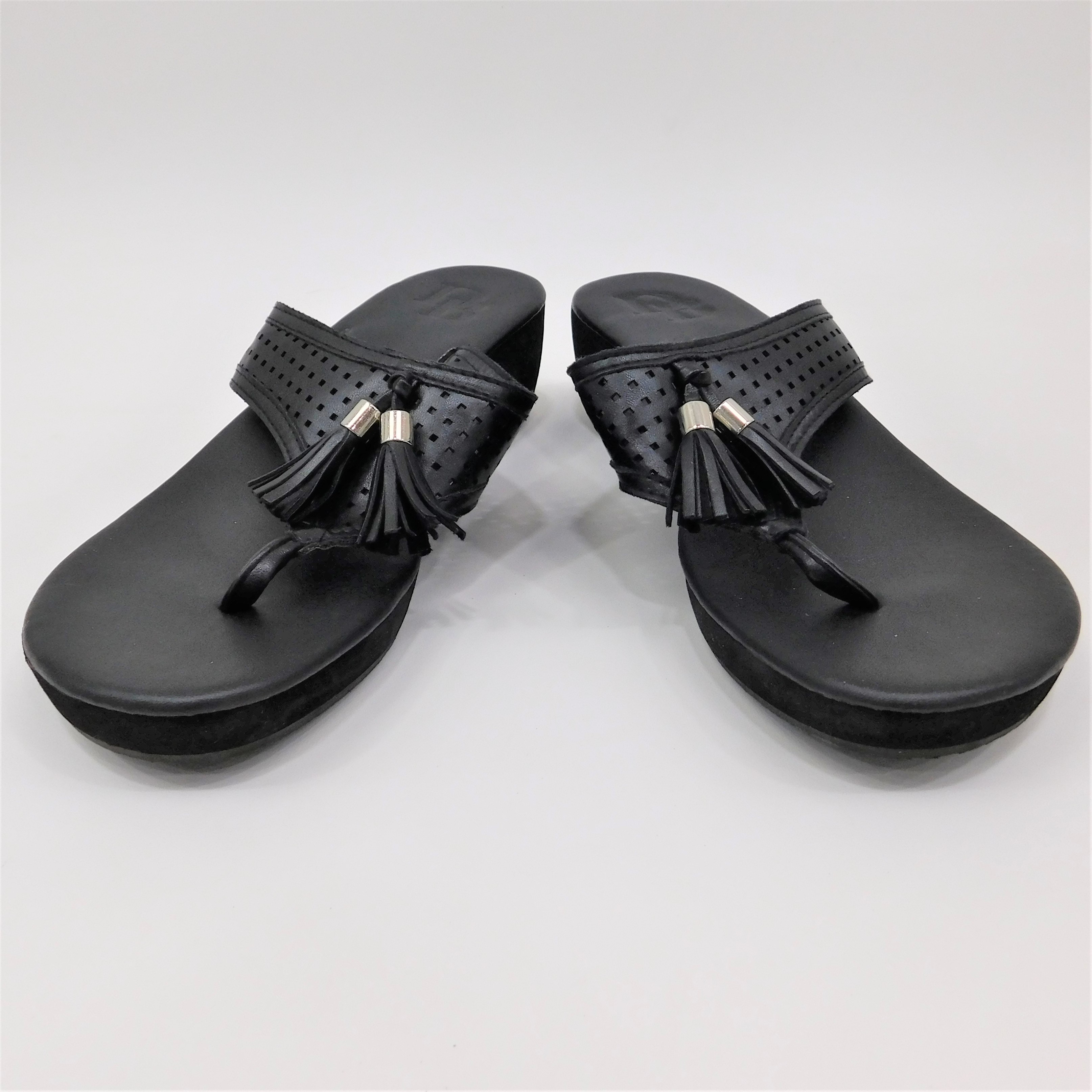 Buy the Dana Buchman Black Laser Cut Wedge Women's Sandals With Tassels ...