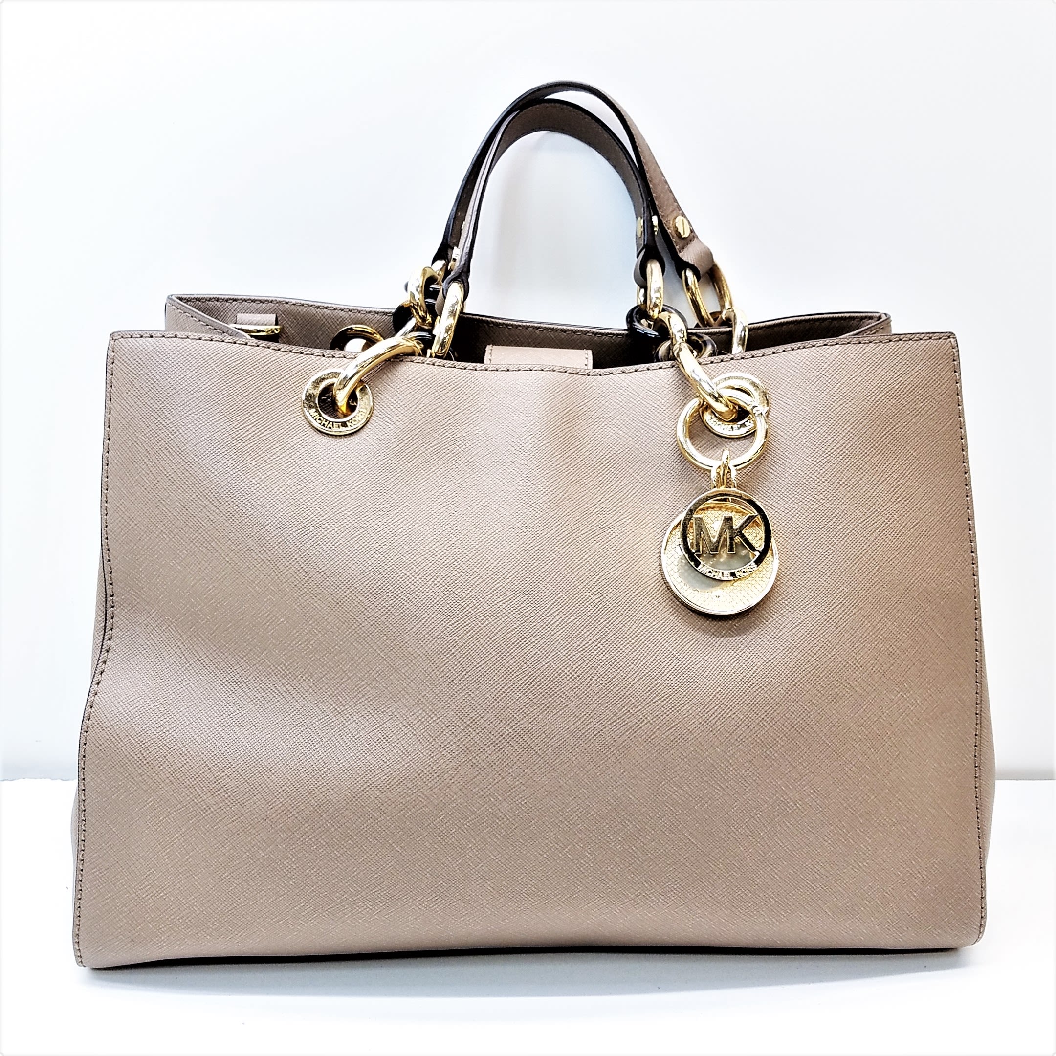 Buy the Michael Kors Saffiano Leather Cynthia Satchel Taupe | GoodwillFinds