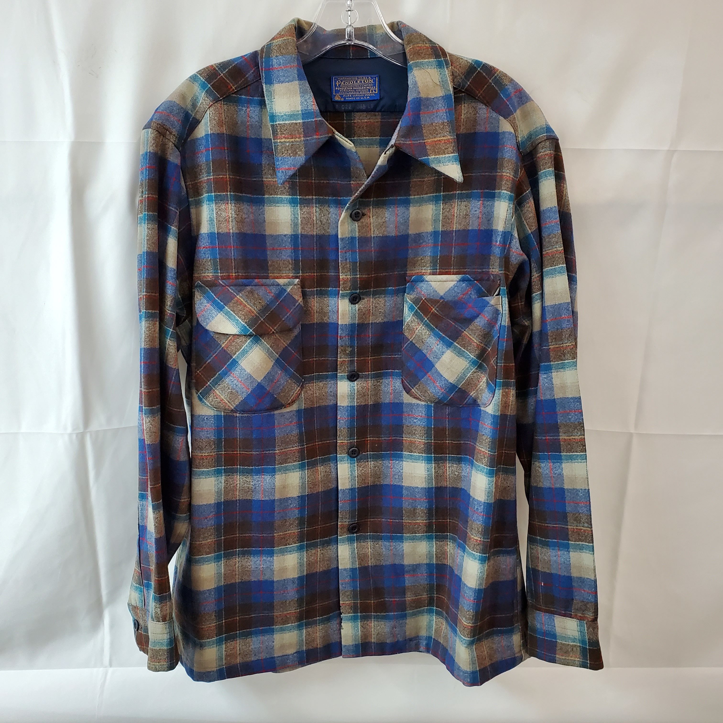 Buy the Blue and Brown Plaid Virgin Wool Long Sleeve Button-Up