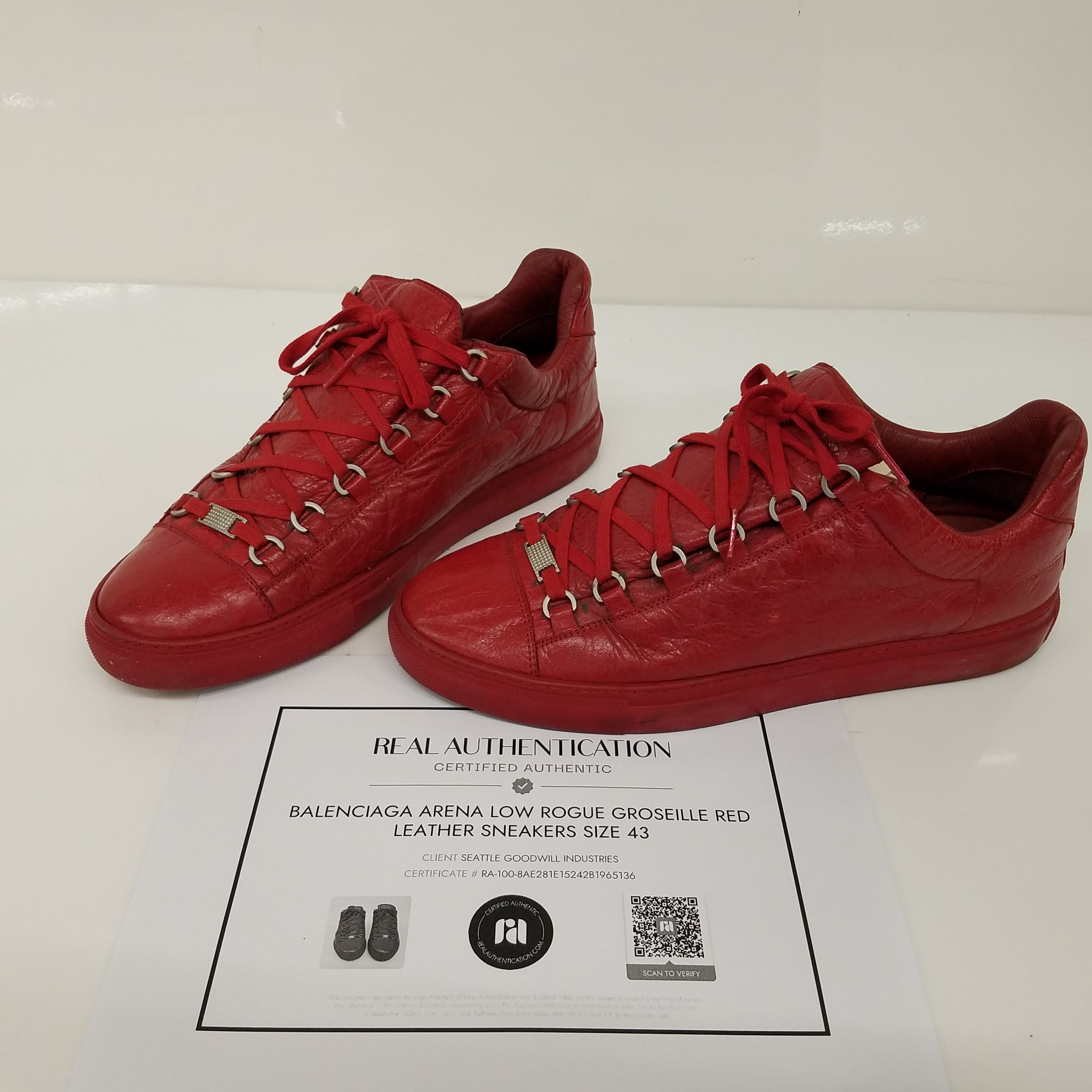 Buy the Balenciaga Arena Low Groseille Red Leather Sneakers Men's Size 9 | GoodwillFinds