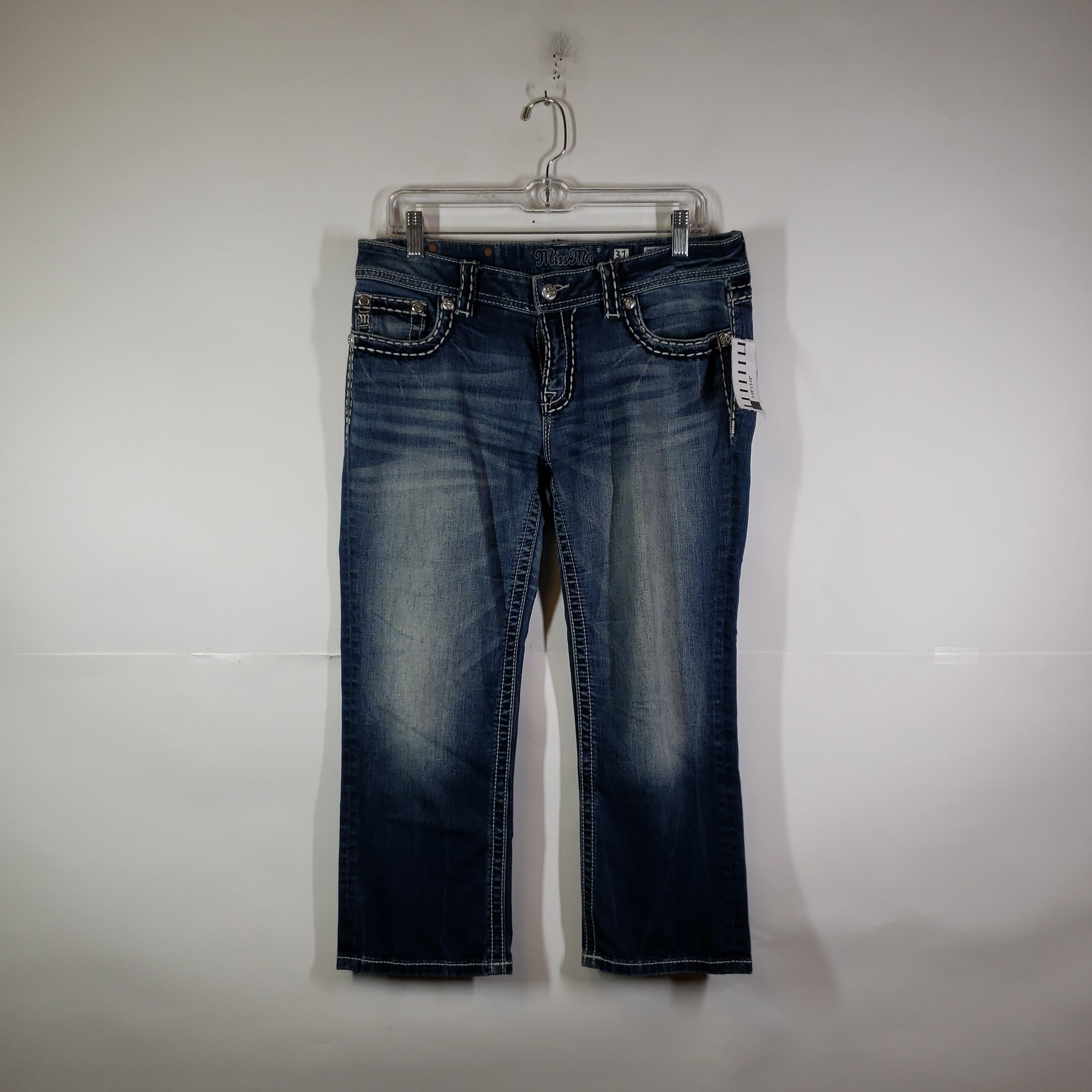 Låne risiko progressiv Buy the Womens Signature Medium Wash Denim Cuffed Capri Jeans Size 31 |  GoodwillFinds