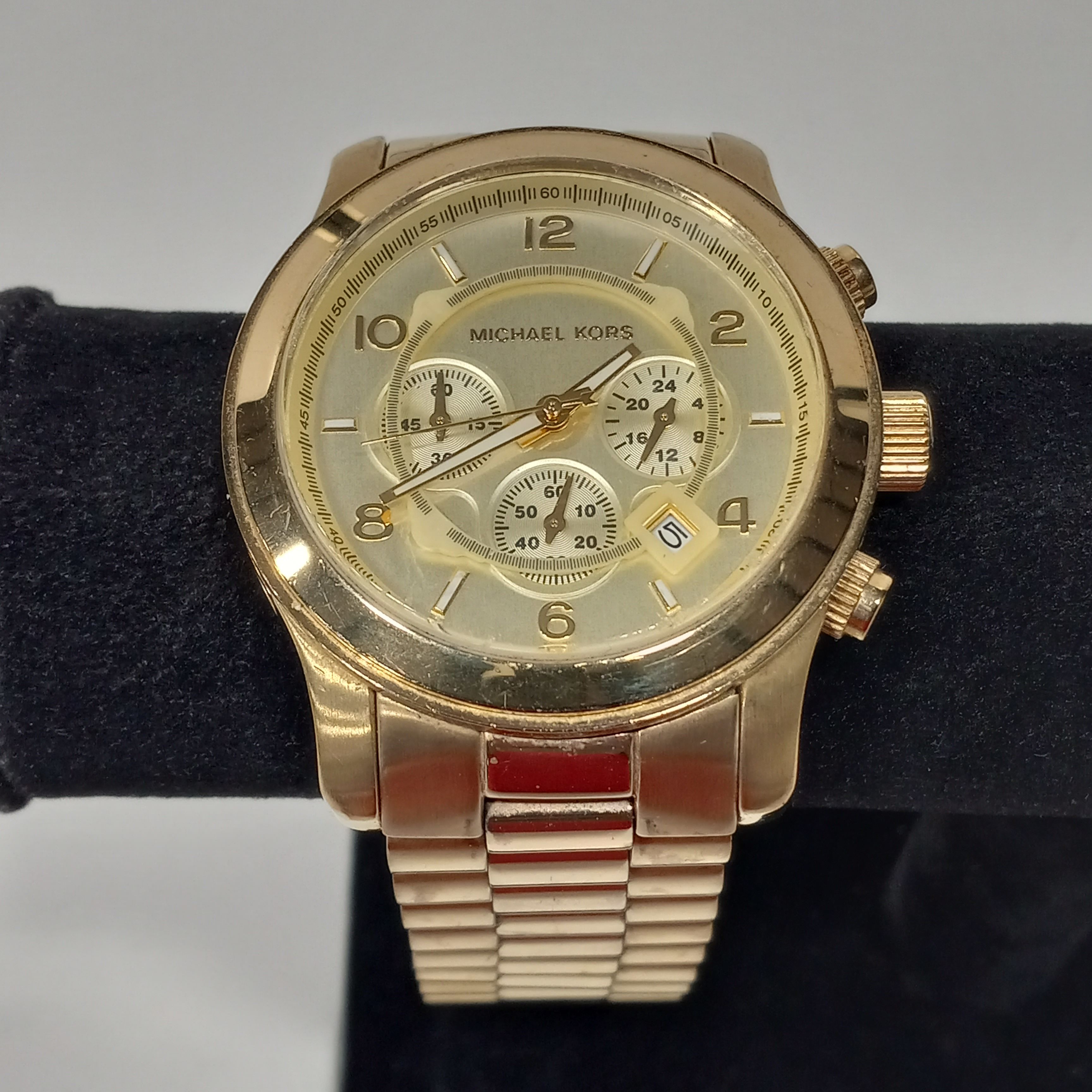 Buy the Men\'s Michael Kors Runway Chronograph Gold-Tone Steel Champagne  Dial Watch MK8077 | GoodwillFinds