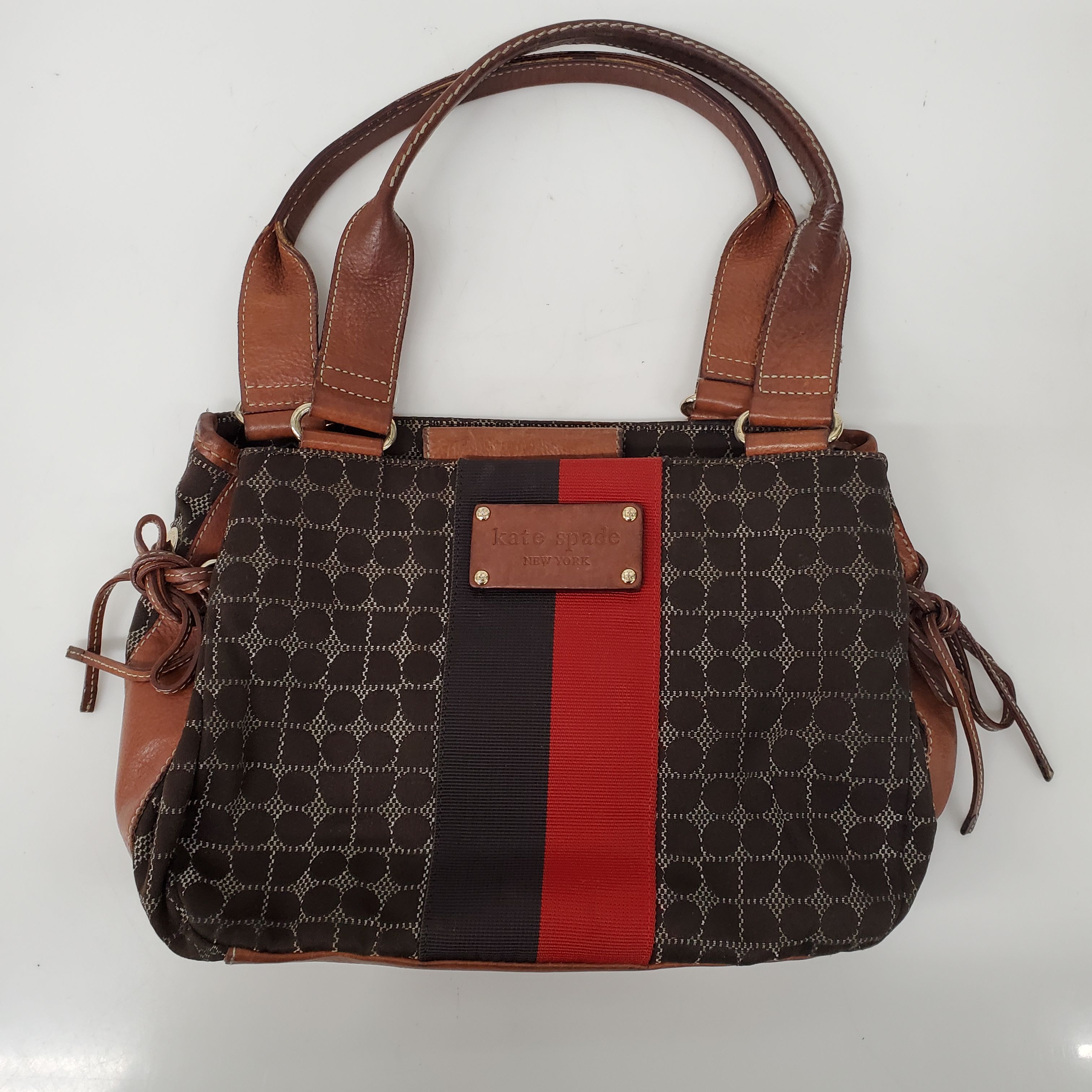 Buy the Kate Spade Classic Noel Canvas & Leather Brown & Red Shoulder ...