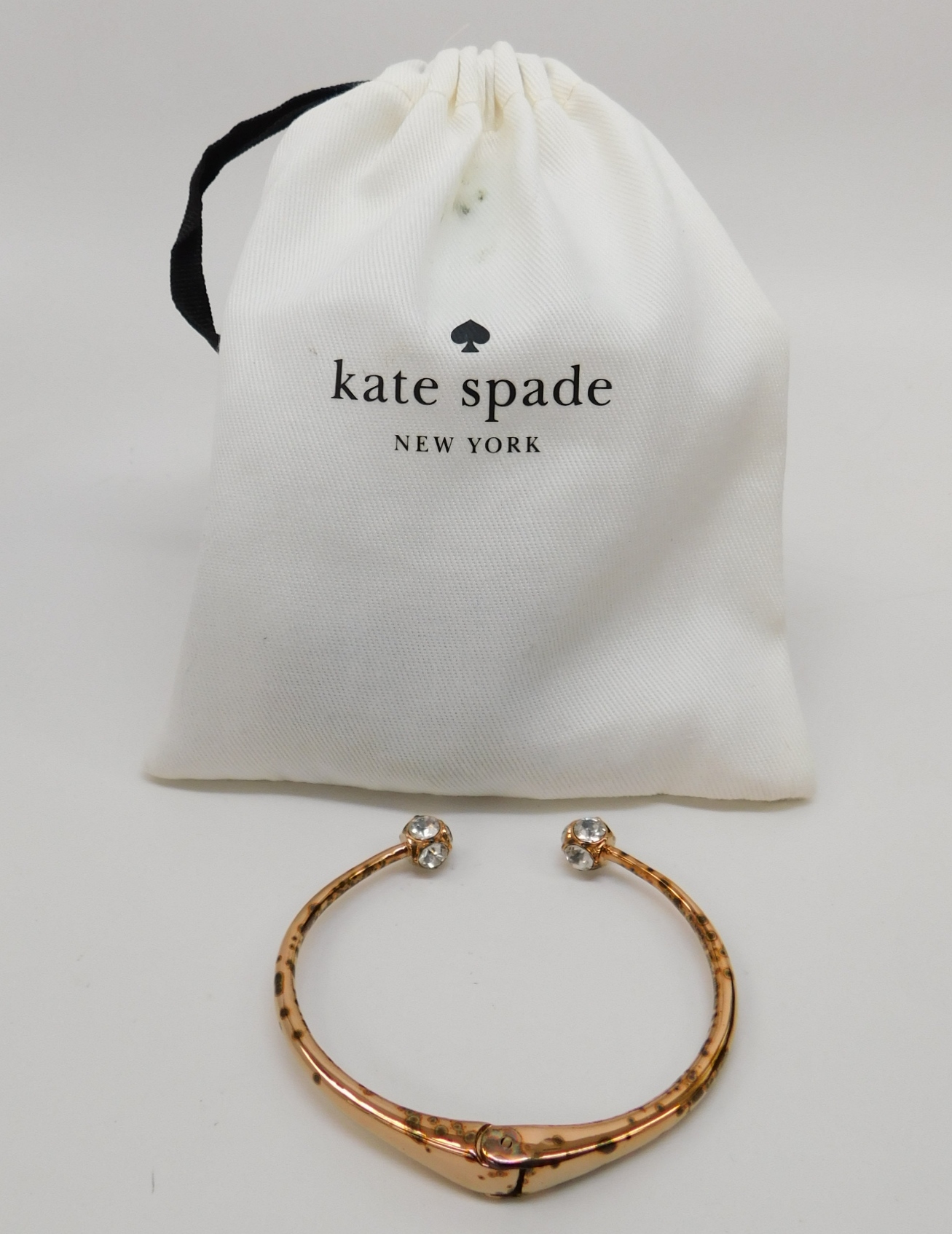 Buy the Kate Spade Lady Marmalade Rose Gold Tone Icy Rhinestone Hinged Cuff  Bracelet | GoodwillFinds