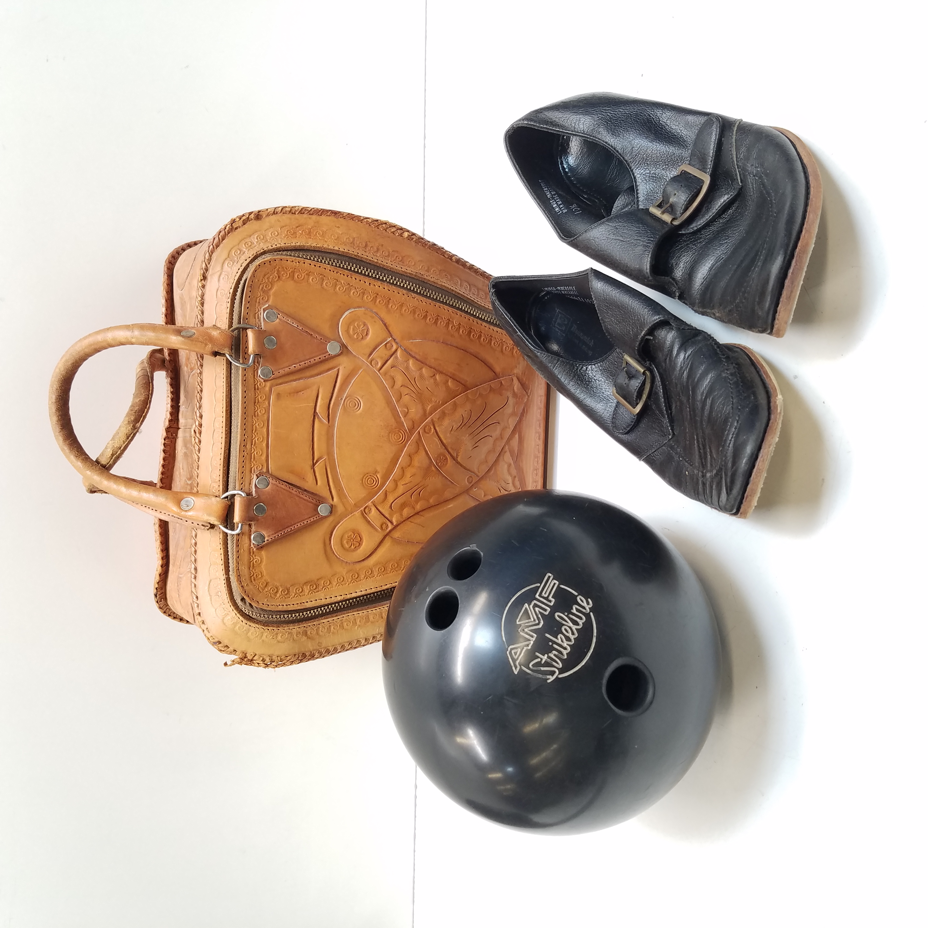 Lot # 33- Vintage Leather Brunswick Bowling Ball Bag, Vintage Bowling Shoes  and Balls - Quality Estate Auctions